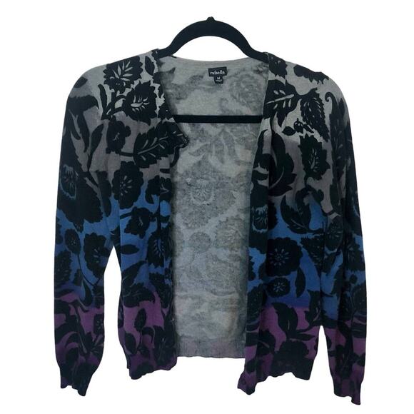 Rafaella Gradient Dyed Ombre Black Floral Long Sleeve Cardigan Cotton Medium - Picture 2 of 7